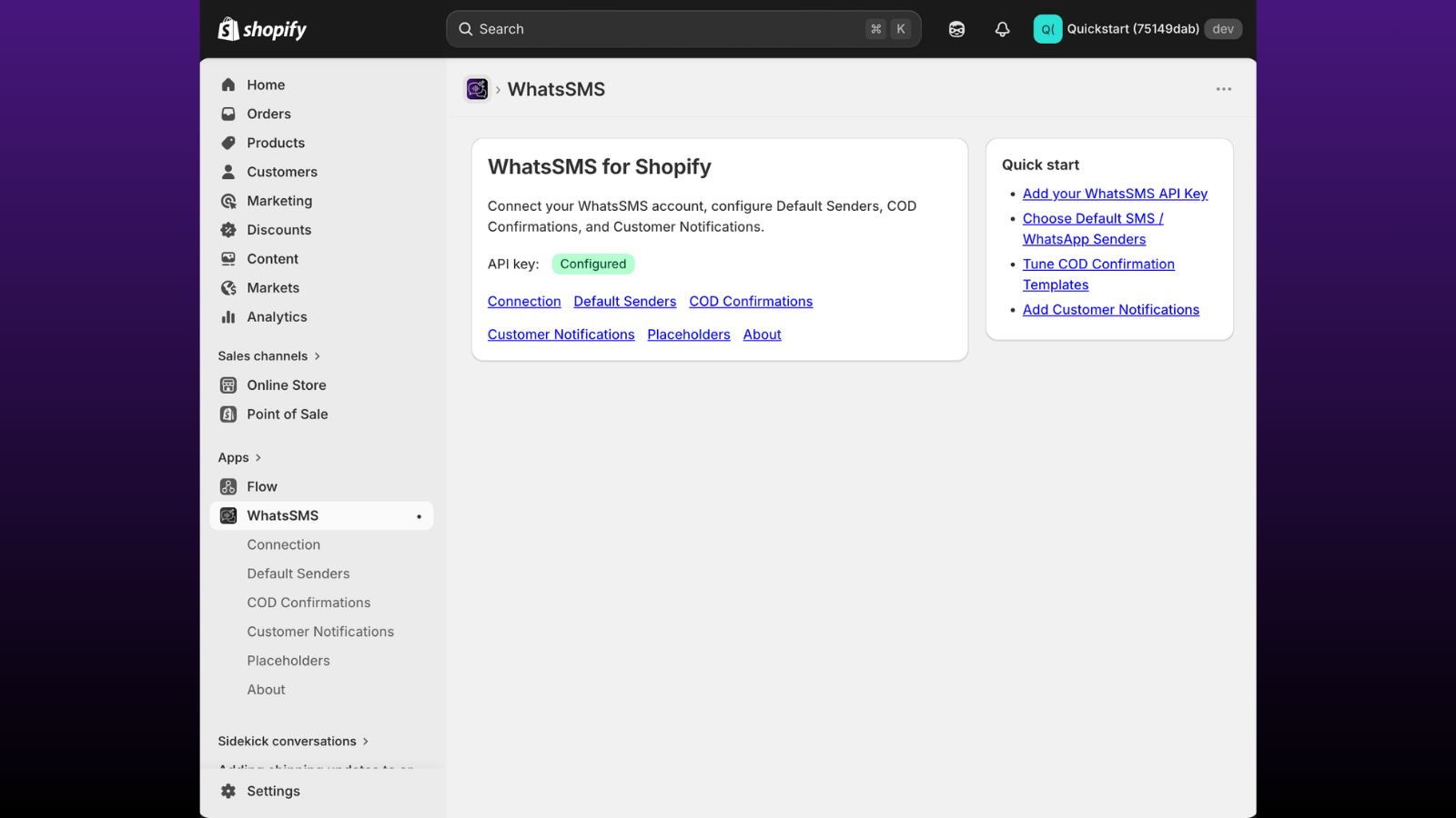 WhatsSMS Shopify App Dashboard Interface